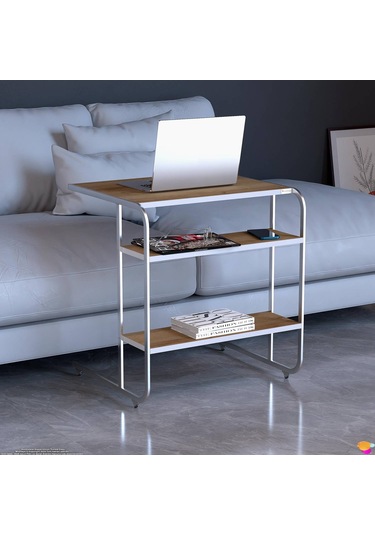 Modilayn C Yan Sehpa Geniş Boy Tekerlekli Çalışma, Atıştırmalık, Yemek, Laptop Sehpası Meşe Beyaz - Meşe