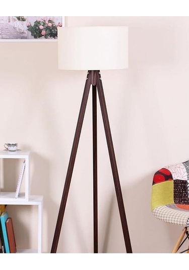 Beyaz Kahve Lambader 3 Ayaklı Ahşap Lamba Kumaş Ly688