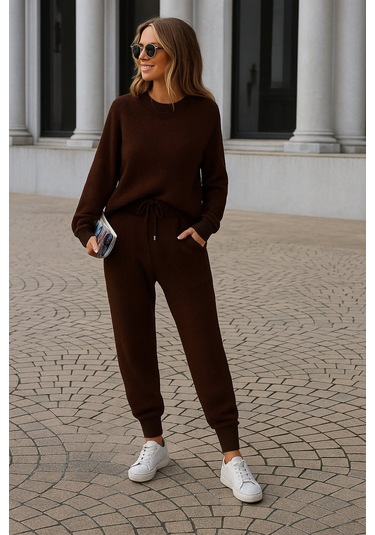 Kadın Rahat Kalıp Örgü Triko Tasarım Alt Üst Takım Acı Kahverengi
