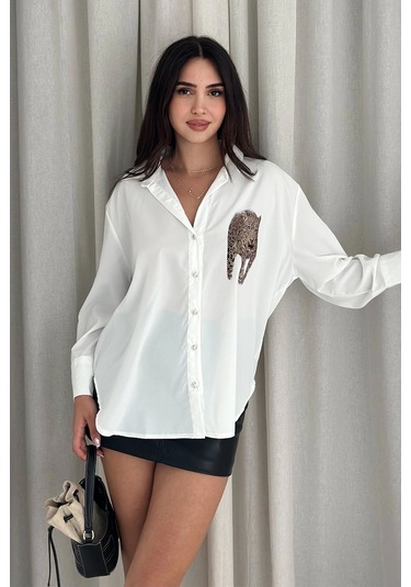 Kaplan Desen Baskılı Taşlı Gömlek Beyaz