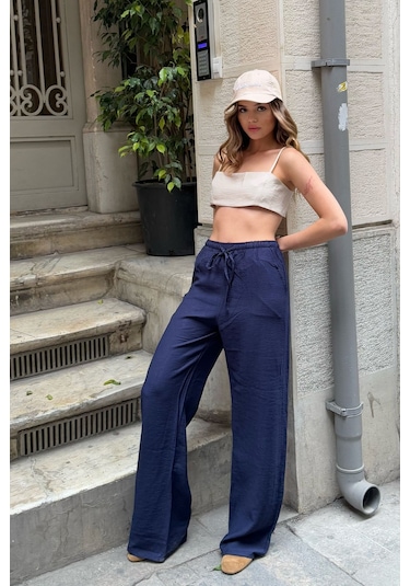 Pembe Keten Karışımlı Bol Kesim Pantolon Lacivert