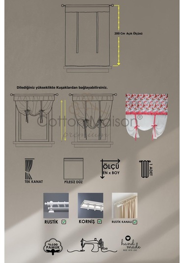 Naturel Potlu Tül Perde Spring Fırfırlı Çiçek Kırmızı