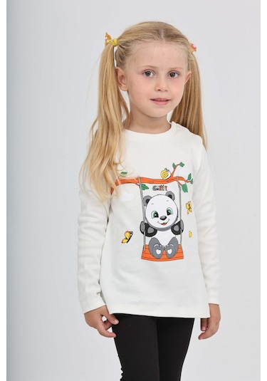 Toontoy Kız Çocuk Sallanan Panda Baskılı Sweatshirt Ekru