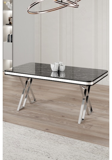 Raja Serisi 80x130 Lak Panel Sabit Masa Mutfak Masası Siyah Mermer Masa