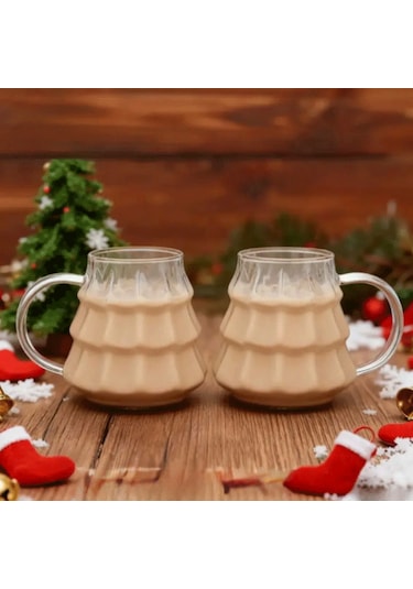 Çam Ağacı Model Borosilikat Cam Bardak, 400 Ml Kulplu Cam Kupa, Pipet Hediyeli Şeffaf