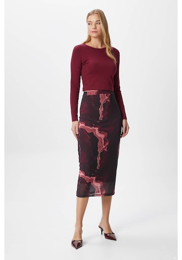 Kadın Dania Astarlı Bel Lastikli Şifon Bordo Midi Kalem Etek Bordo