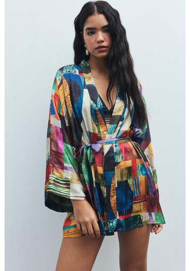 Fumée Coloré Desenli Kısa Saten Sabahlık / Kimono Çok Renkli