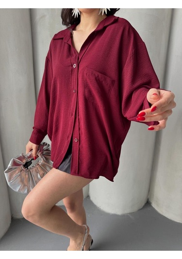 Paw Garage Kadın Flory Ayrobin Oversize Tek Cep Gömlek Bordo