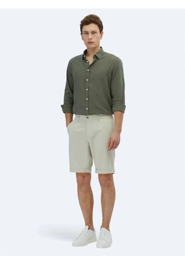 Kip Taş Düz Dokuma Slim Fit Casual Pamuk Karışımlı Bermuda Taş