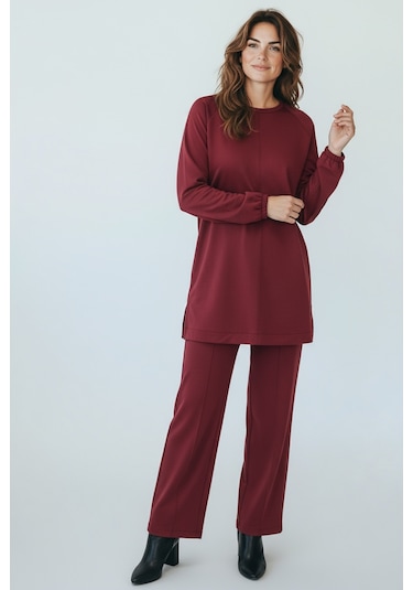 Kadın Tunik Önü Dikişli Altı Bantlı Pantolonun Beli Lastikli Önü Dikişli İkili Takım Bordo