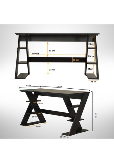 Pasific Home Lungo Raflı Çalışma Masası, Ofis Masası, 60X140 Cm, Siyah