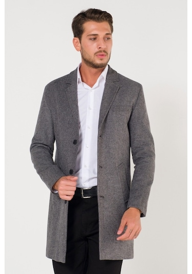 V Yaka Kışlık Kırçıllı Gri Erkek Kaşe Kaban-Koyu Gri
