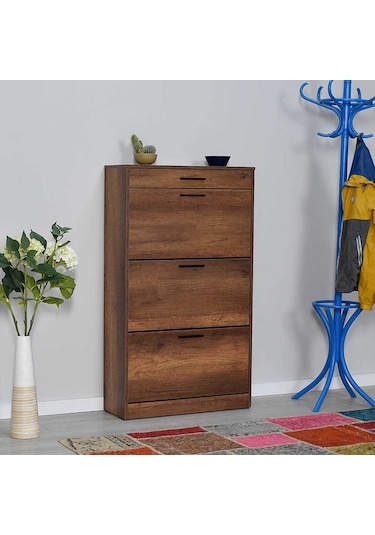 Flat Düşer Kapaklı Çekmeceli Ayakkabılık-Oslo Ceviz