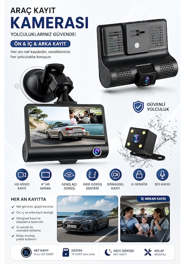 1080p Full Hd Araç Içi Kamera Ön Arka Ve Iç Kayıt 3 Kamera Gece Görüşlü G Sensör Geniş Açı