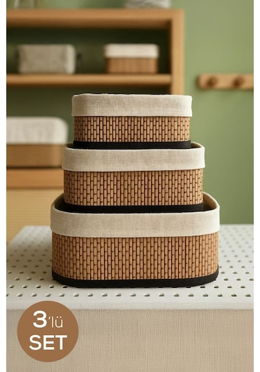 Bambu Hasır Dikdörtgen 3'lü Organizer Sepet Seti - Çok Amaçlı Düzenleyici Kahverengi