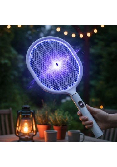 Usb Şarjlı Beyaz Renk Kendiliğinden Standlı Şarj Göstergeli Uv Işıklı Sinek Öldürme Raketi Ltd-718