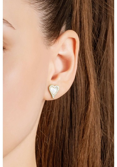 Sedef Kalbi 18 Ayar Sarı Altın Kaplama Gümüş Kalp Küpe Sarı