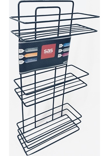 3 Katlı Siyah Yapışkanlı Banyo Rafı, 2 Kancalı Şampuanlık Düzenleyici, Paslanmaz Metal Banyo Askısı - TŞ-03