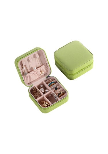 Chavin Yeşi Deri Seyahat Yüzük Küpe Kolye Takı Kutusu St1-64ys Yeşil