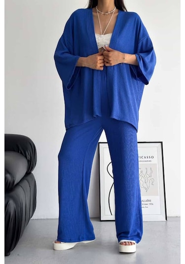 Trend Alisse Bol Paça Palazzo Kimono Kadın Alt Üst Takım Mavi