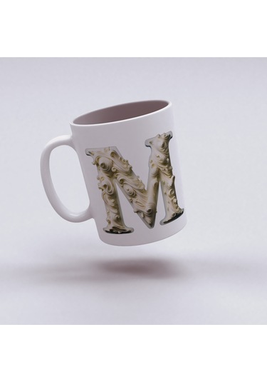 M Harfi Bardak, Monogram 330 Ml Barok Oymalı Görünüm Beyaz