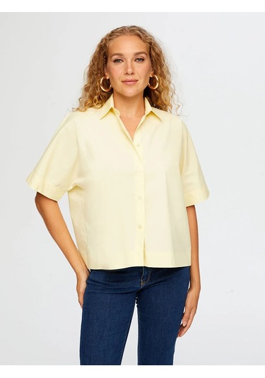 Faik Sönmez Kısa Kol Rahat Form Poplin Kadın Gömlek W26gml003 Sarı
