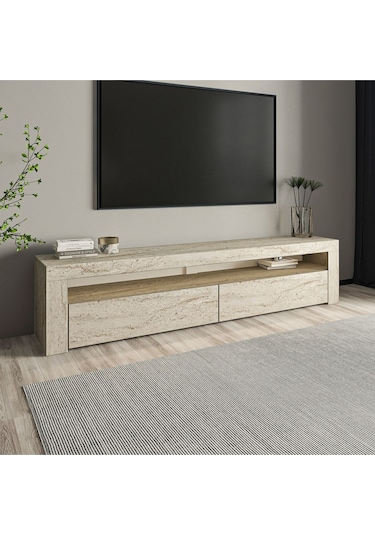 Batı LED Işıklı 2 Kapaklı TV Sehpası – 150 cm – Minimal Tasarım, Traverten
