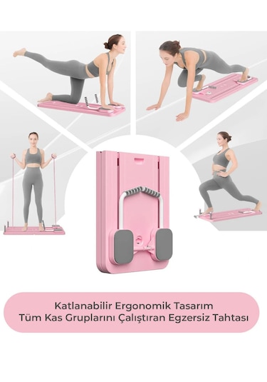 Pilates Aleti Zamanlayıcılı, Direnç Bantlı Çok Amaçlı Egzersiz Tahtası Telefon Tutacaklı Açık Pembe