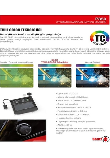 Sacit P850 Otomatik Kararan Kaynak Maskesi True Color Temiz Net