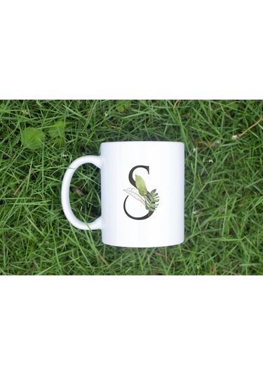 S Harf Zarif Yaprak Desenli Kupa Bardak - Naturel Sade Alfabe Harfli Bardak - Kişiye Özel Hediye Beyaz