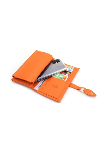 Soft Yumuşak Deri Fermuar Bölmeli Trend Kadın Cüzdan Turuncu Turuncu