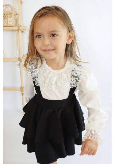 Kız Çocuk Helen Askılı Kat Kat Bağlama Jile Elbise Dantel Detay Uzun Kollu Bluz Takım Siyah
