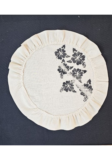 %100 Pamuklu Ham Keten Pamuk Fırfırlı Çiçek Taş Baskı 6' Lı Amerikan Servisi Supla Yuvarlak 45cm Naturel