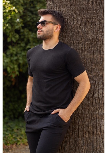 Erkek Siyah Krep Kumaş Rahat Salaş Esnek Bisiklet Yaka T-shirt 23etshtarp 001