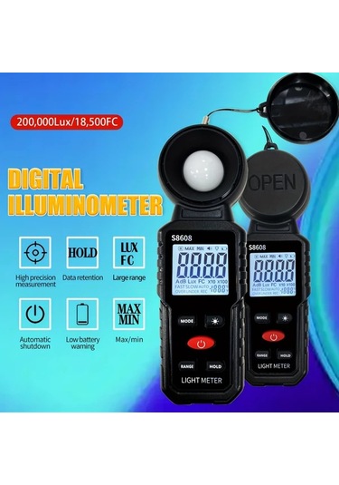 Boatshop1 Siyah Dijital Işık Ölçer Luxmetre 20 Lux 200000 Lux 18500 Fc Aydınlatma Ölçüm Cihazı Pil Dahil Değil