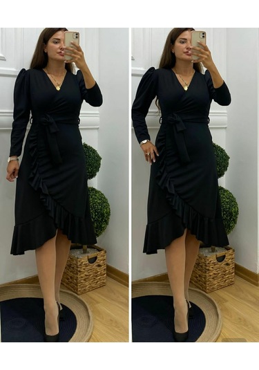 Hazego Krep Kumaş Midi Boy Kuşaklı Uzunkol Elbise 113 Cm Siyah