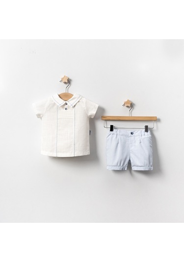Yazlık Yakası Süs Dikişli Bebe 2'li Erkek Takım Mavi