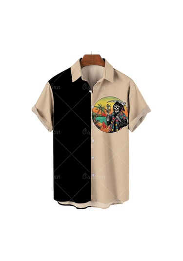 Snapbuyyaz Hawaii Kafatası Erkek Kısa Kollu Rahat Gömlek Dijital 3d Baskı Kore Çiçek Desen Harajuku Stilblackerkek Black