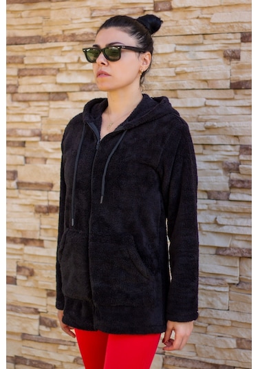 Kadın Siyah Peluş Kalın Fermuarlı Kapüşonlu Cepli Ceket 23kcktmy50 001