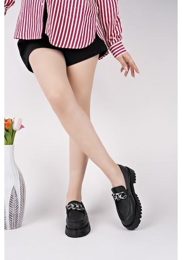 Muggo Crasher Kalın Taban Tokalı Günlük Casual Makosen Kadın Loafer Ayakkabı Siyah