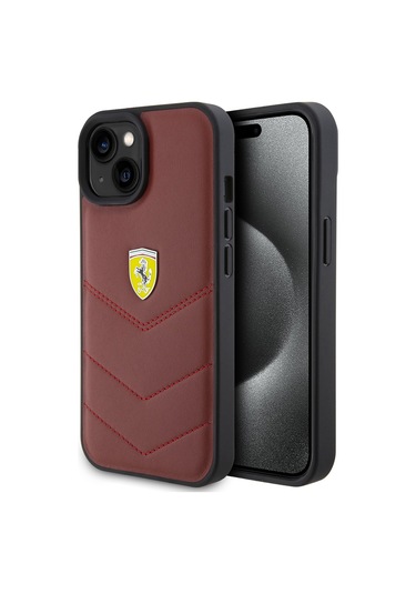 İphone Uyumlu 15 Kılıf Ferrari Lisanslı Deri Dikişli Arka Yüzey Metal Logo Tasarımlı Kapak Kırmızı