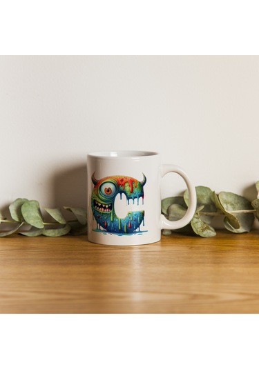 C Harfi Bardak, Sevimli Canavarlar Harflı Bardak Hediyesi Porselen Beyaz