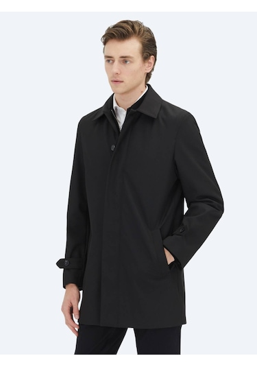 Kip Siyah Regular Fit Bebe Yaka Casual Dokuma Pardesü Siyah