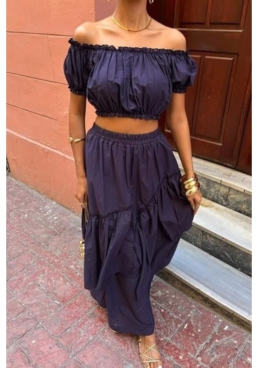 Büzgülü Crop Kat Detaylı Fırfır Etekli Takım 10196 Laci Vert