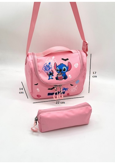 Stitch Desen Aksesuarlı Kore Tarzı Termal Beslenmeli Ve Kalemlikli Kız Çocuk Okul Sırt Çantası Seti Pembe