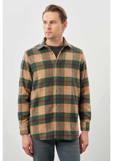 Camel Yünlü Ekose Desen Yumuşak Yaka Cepsiz Uzun Kol Casual Comfort Fit Gömlek 1004245227 Camel