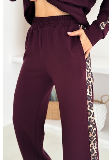Trend Alisse Bisiklet Yaka Leopar Garnili Esnek Cepli Modal Takım Bordo