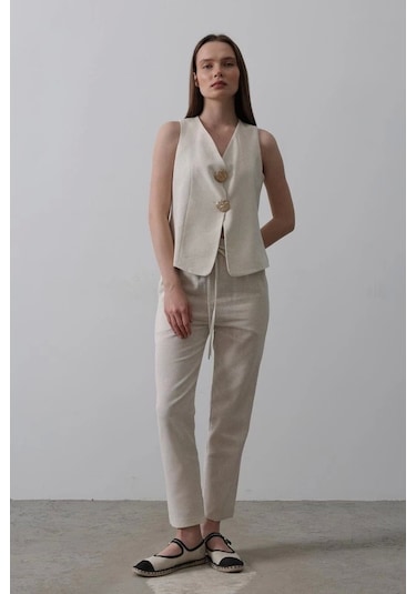 Defymoda Düğme Detaylı Yelek - Krem Krem