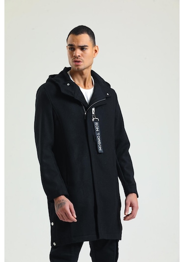 Erkek Regular Fit Kapüşonlu Fermuarlı Cepli Kışlık Astarsız Yünlü Uzun Kaşe Kaban 001