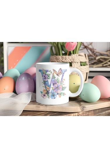 W Harfi Çiçekli Kupa Bardak - Soft Renk Çiçek Ve Kelebek Desenli Zarif Kahve Kupası - Bohem Beyaz
